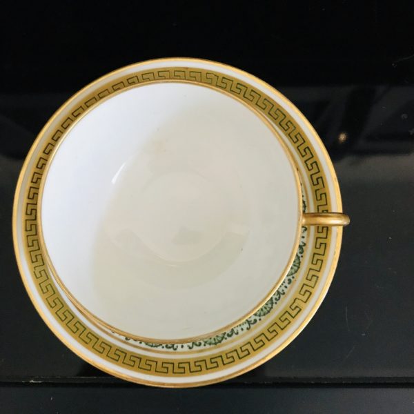 Vintage Limoges Tea Cup and Saucer Green leaves & scrolls Gold Greek key rims France Collectible Display Farmhouse dining serving