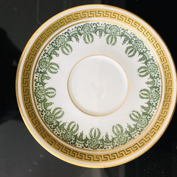 Vintage Limoges Tea Cup and Saucer Green leaves & scrolls Gold Greek key rims France Collectible Display Farmhouse dining serving