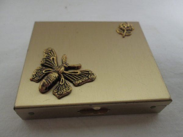 Vintage Lined Pillbox Brass with Butterfly and Rose top purse handbag accessory vanity collectible display