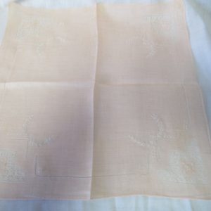 Vintage linen embroidered peach handkerchief hankie embroidered with ivory cut work NICE!!