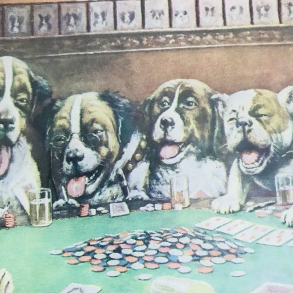 Vintage Lithograph CM Collidge Dogs Playing Poker title "Poker sympathy" Bar Man Cave Collectible Display from 1903 painting