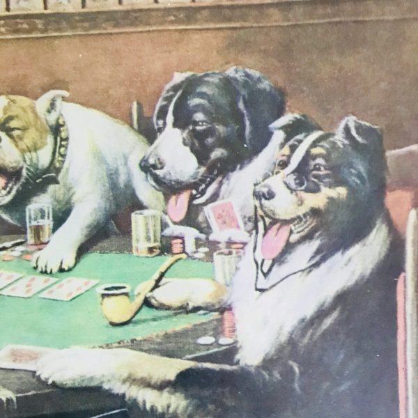 Vintage Lithograph CM Collidge Dogs Playing Poker title "Poker sympathy" Bar Man Cave Collectible Display from 1903 painting