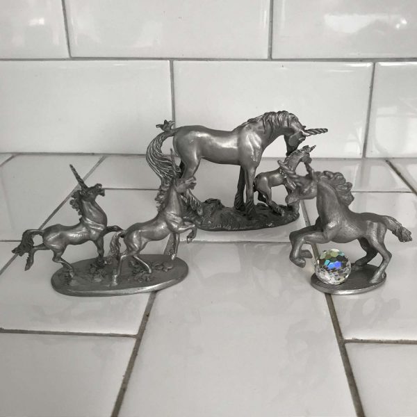 Vintage lot of 3 unicorn Pewter figurines one with Swarovski crystal Spoontiques 1986 Partha Pewter 1985 Hudsons 1984