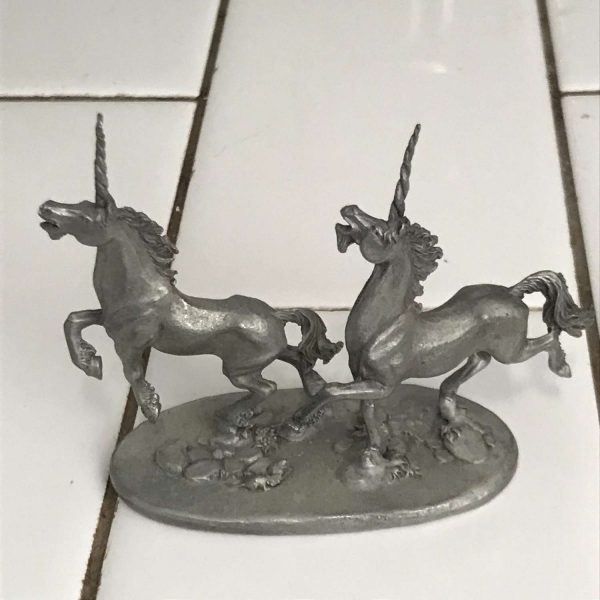 Vintage lot of 3 unicorn Pewter figurines one with Swarovski crystal Spoontiques 1986 Partha Pewter 1985 Hudsons 1984