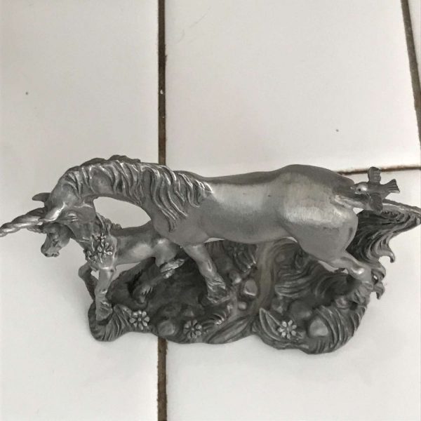 Vintage lot of 3 unicorn Pewter figurines one with Swarovski crystal Spoontiques 1986 Partha Pewter 1985 Hudsons 1984