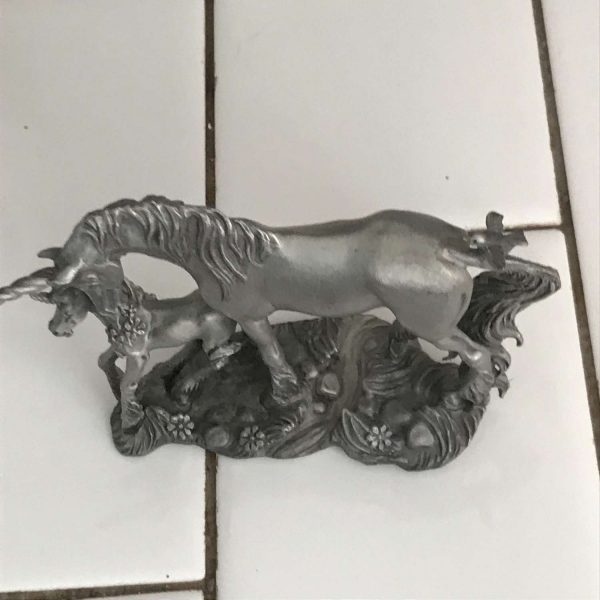 Vintage lot of 3 unicorn Pewter figurines one with Swarovski crystal Spoontiques 1986 Partha Pewter 1985 Hudsons 1984