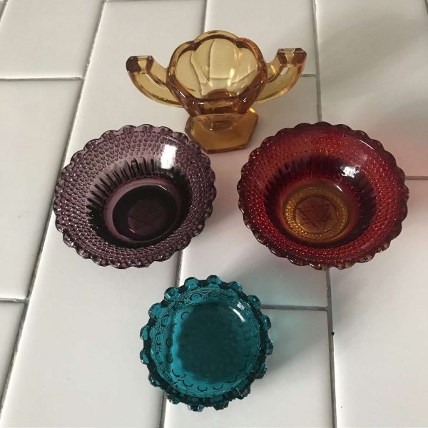 Vintage lot of 4 open salt cellars various sizes & colors glass amberina amethyst amber and teal farmhouse collectible display wedding
