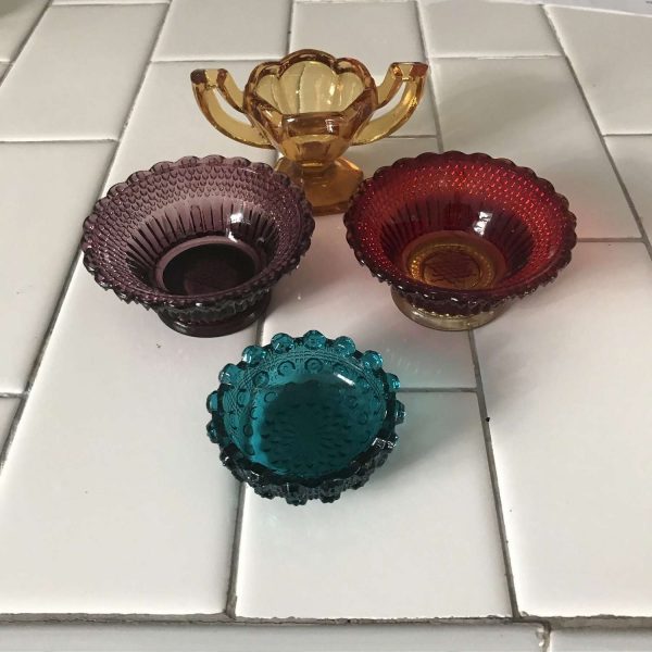 Vintage lot of 4 open salt cellars various sizes & colors glass amberina amethyst amber and teal farmhouse collectible display wedding