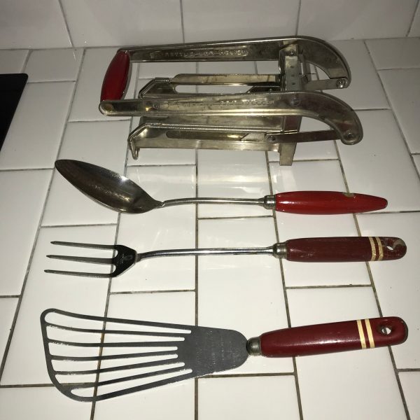 Vintage Lot of Red Handle kitchen Utensils spoon potato french fry cutter dough mixer fork and fish spatula