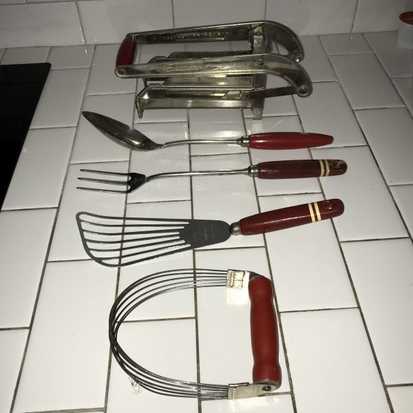 Vintage Lot of Red Handle kitchen Utensils spoon potato french fry cutter dough mixer fork and fish spatula