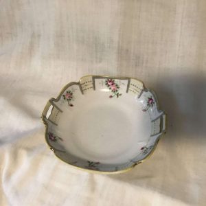 Vintage Mid Century Hand Painted Nippon Fine china Bowl with handles Roses and gold raised dots yellow & gray trim Soap dish pin trinket