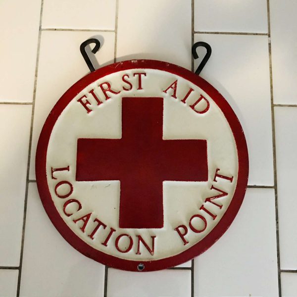 Vintage Military Sign First Aid Location Point Genuine cast iron sign red cross collectible display pharmacy medical doctor nurse red white