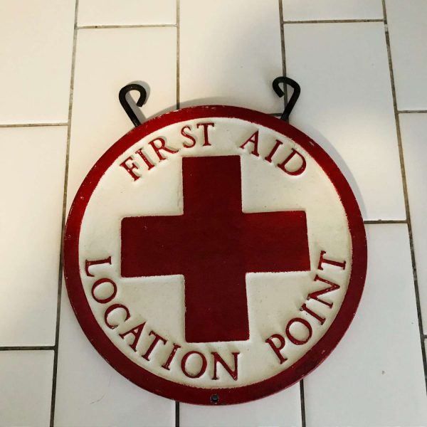 Vintage Military Sign First Aid Location Point Genuine cast iron sign red cross collectible display pharmacy medical doctor nurse red white