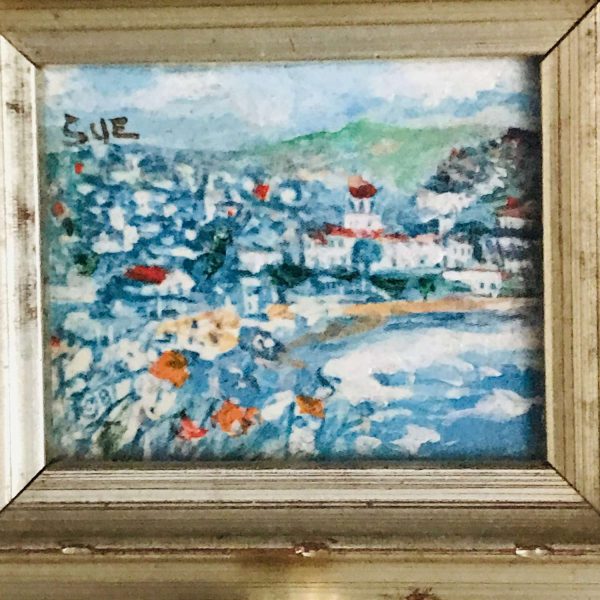Vintage miniature picture framed on brass easel collectible display bed and breakfast farmhouse cottage bedroom display shelf