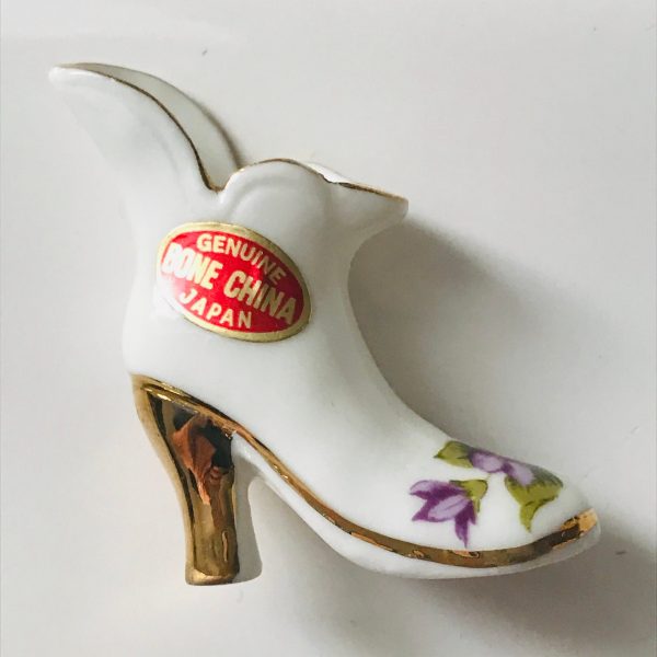 Vintage Miniature Shoe Boot Figurine white purple viola gold trimmed fine bone china collectible display high heel boot