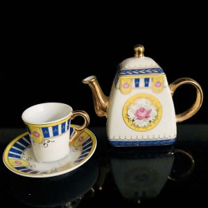 Vintage Miniature Tea Set Imperial China Royal blue with pink roses heavy gold collectible display farmhouse cottage dainty bed & breakfast