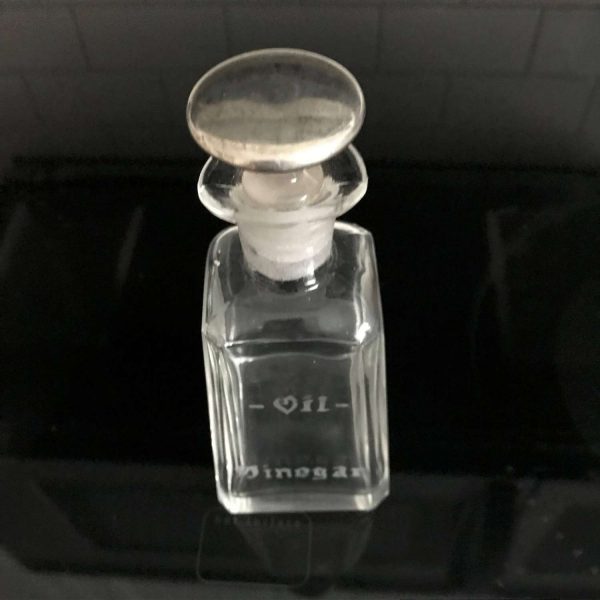 Vintage Oil & Vinegar bottle Crystal with sterling silver overlay lid etched front Beautiful serving dining collectible