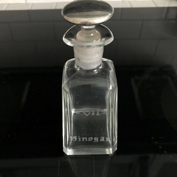 Vintage Oil & Vinegar bottle Crystal with sterling silver overlay lid etched front Beautiful serving dining collectible