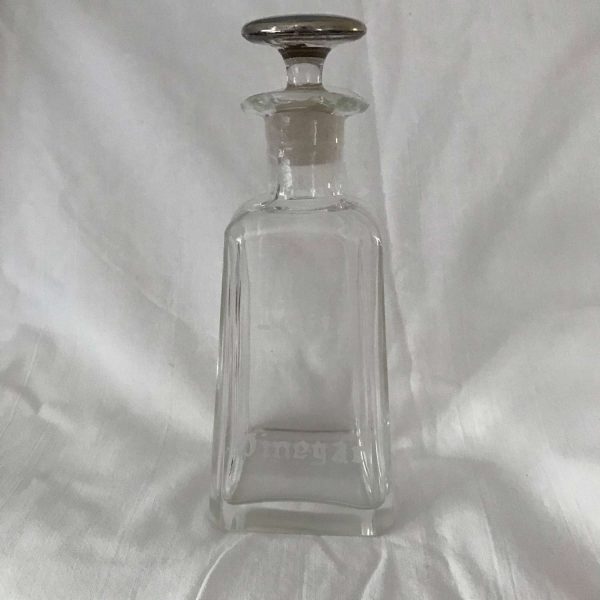 Vintage Oil & Vinegar bottle Crystal with sterling silver overlay lid etched front Beautiful serving dining collectible