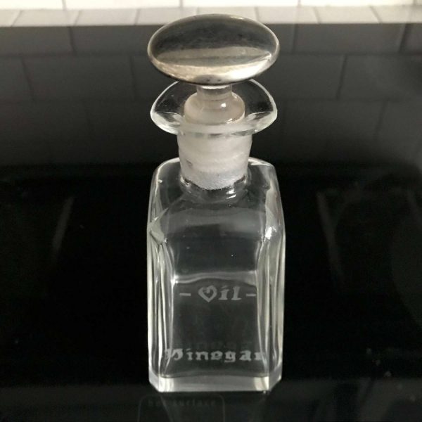 Vintage Oil & Vinegar bottle Crystal with sterling silver overlay lid etched front Beautiful serving dining collectible