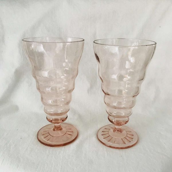 Vintage Pair of Tumblers 1930's Pink Depression Glass Footed Tumblers Collectible Glass display farmhouse cottage soda fountain milk shake