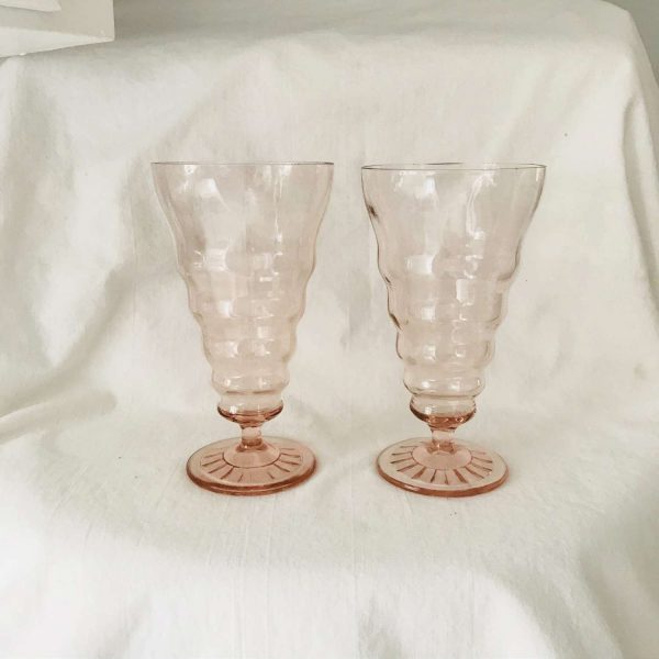 Vintage Pair of Tumblers 1930's Pink Depression Glass Footed Tumblers Collectible Glass display farmhouse cottage soda fountain milk shake