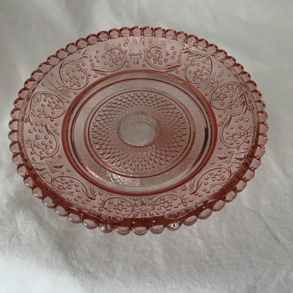 Vintage Pedestal Plate Depression Glass Pink raised pattern scalloped rim tortes cookies serving dining collectible dispplay farmhouse soaps