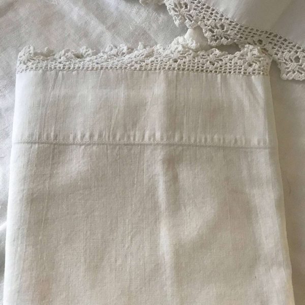 Vintage Pillowcase Pair HAND Crochet trim white on white bed & breakfast cottage cabin collectible farmhouse guest bedroom