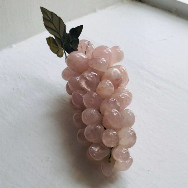 Vintage Pink Jade grape cluster figurine with metal leaf and stem collectible display farmhouse bed and breakfast
