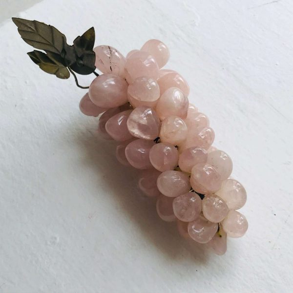 Vintage Pink Jade grape cluster figurine with metal leaf and stem collectible display farmhouse bed and breakfast