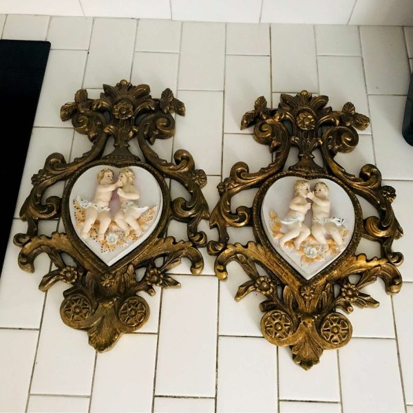 Vintage Porcelain wall hanging Elegant wall decor collectible display ornate detail wooden Raised flowers cherubs leaves hand decorated