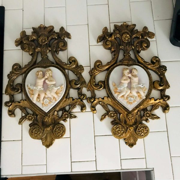 Vintage Porcelain wall hanging Elegant wall decor collectible display ornate detail wooden Raised flowers cherubs leaves hand decorated