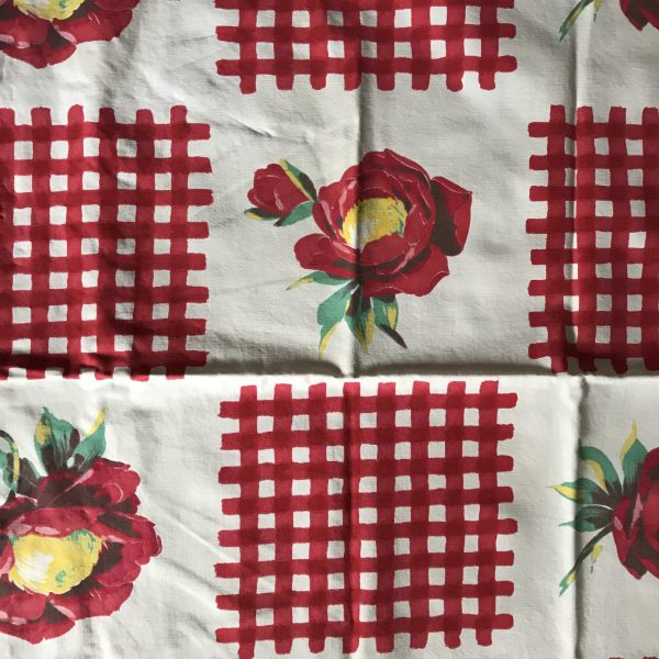 Vintage Printed Cotton Roses and Check Red and white tablecloth Fantastic picnic design mid Century kitchen decor 46"X54"