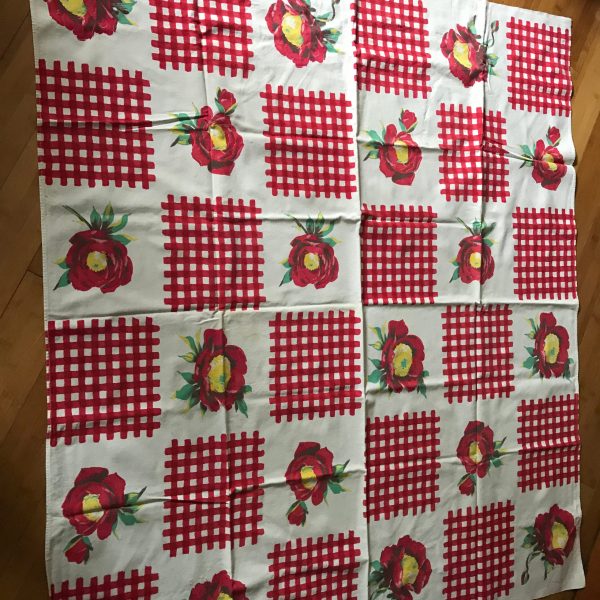 Vintage Printed Cotton Roses and Check Red and white tablecloth Fantastic picnic design mid Century kitchen decor 46"X54"