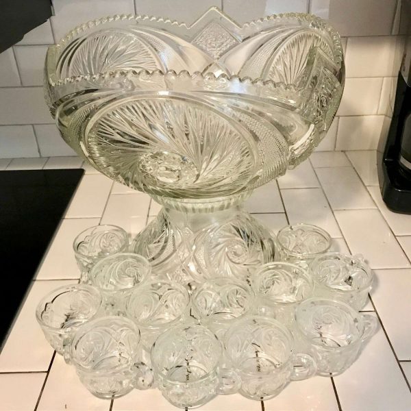 Vintage Punch Bowl Set 12 cups Gigantic Round Saw tooth edge American Brilliant Pattern EAPG on pedestal stand matching base Holidays Bridal