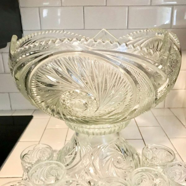 Vintage Punch Bowl Set 12 cups Gigantic Round Saw tooth edge American Brilliant Pattern EAPG on pedestal stand matching base Holidays Bridal