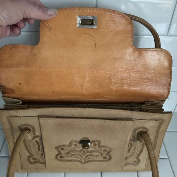 Vintage Purse Soft Leather Embossed 1960's Lots of Pockets barrel clasp front hand tooled.