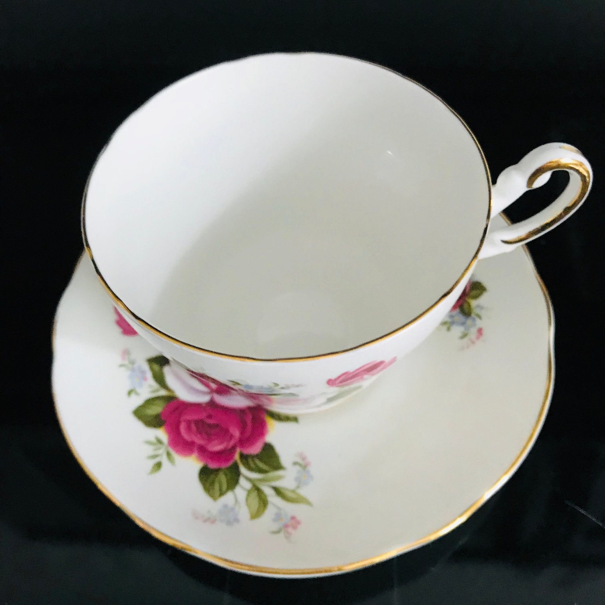 Vintage Regency Tea Cup And Saucer England Fine Bone China Pink Yellow Roses Gold Trim