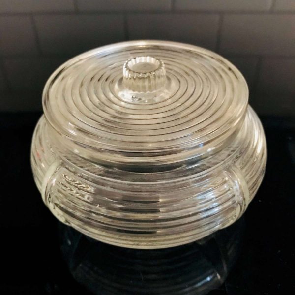 Vintage Ribbed powder jar glass with lid farmhouse collectible display vanity dresser trinket jewelry dish bowl