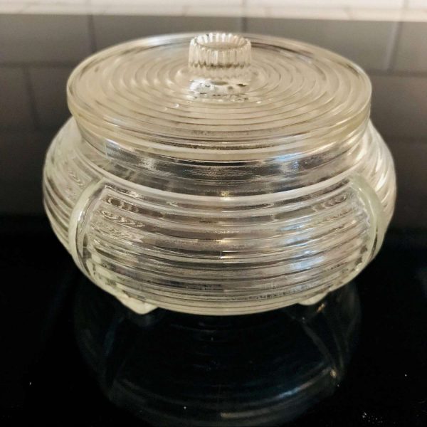 Vintage Ribbed powder jar glass with lid farmhouse collectible display vanity dresser trinket jewelry dish bowl