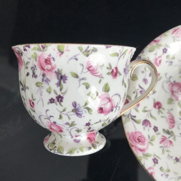 Vintage Royal Winton Chintz Demitasse Pink Cabbage Rose with tiny pruple flowers farmhouse collectible display