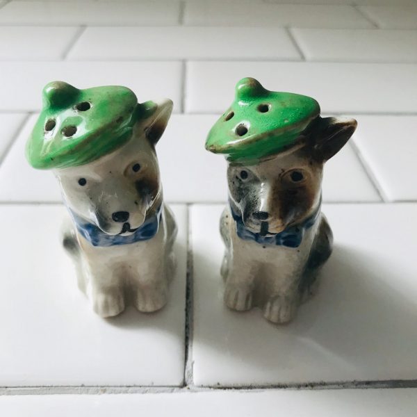 Vintage Salt & Pepper Shakers Dogs wearing Green Tams great detail farmhouse cabin collectible display retro kitchen whimsical Unique