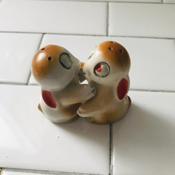 Vintage Salt & Pepper Shakers Hugging bunnies rabbits great detail farmhouse cabin collectible display retro kitchen whimsical Unique