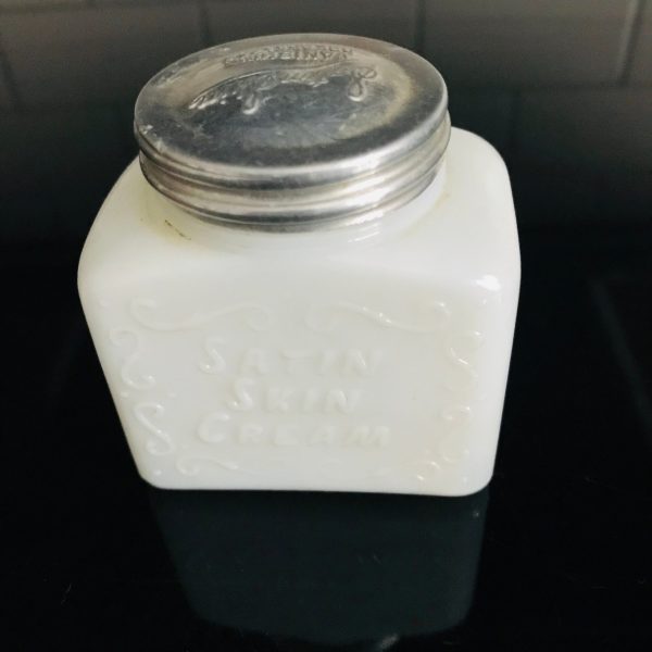 Vintage Satin Skin Cream milk glass jar bottle vanity salon collectible display metal lid "Satin Skin Vanishing greaseless" bathroom vanity