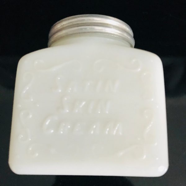 Vintage Satin Skin Cream milk glass jar bottle vanity salon collectible display metal lid "Satin Skin Vanishing greaseless" bathroom vanity