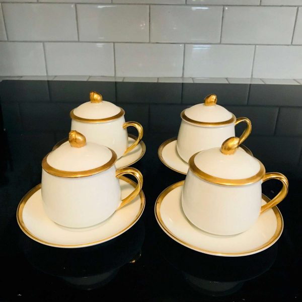 Vintage Set of 6 Fitz and Floyd tea cups and sauces with lids white with gold trim demitasse farmhouse collectible display afternoon tea
