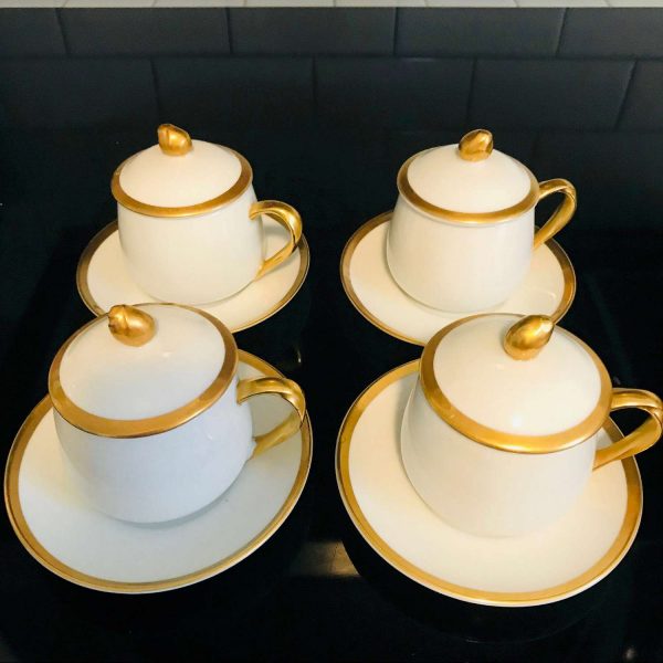 Vintage Set of 6 Fitz and Floyd tea cups and sauces with lids white with gold trim demitasse farmhouse collectible display afternoon tea
