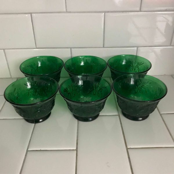 Vintage set of 6 Forest green sandwich glass fruit or berry bowls sorbet collectible display farmhouse dark green Tiara Glass