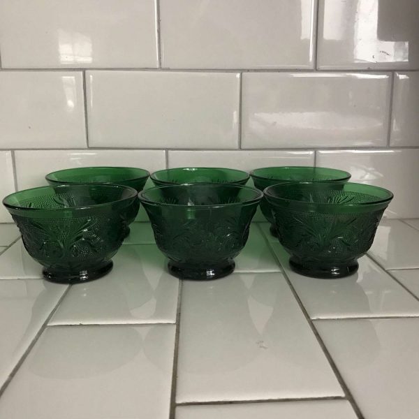 Vintage set of 6 Forest green sandwich glass fruit or berry bowls sorbet collectible display farmhouse dark green Tiara Glass