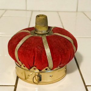 Vintage Sewing Notions 1940 crown pincushion thimble top and tape measure bottom collectible farmhouse display movie prop